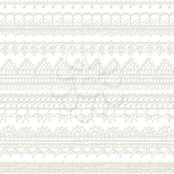 Ornate horizontal edging and border patterns on white background. Hand-drawn knitted ornate boundless texture.