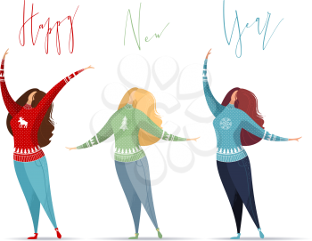 Flat illustration of women in jeans and red, blue, green Christmas sweaters on white background. Hand-written lettering. Vector card template.