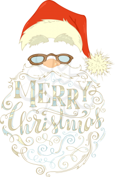 Santa Claus face, hat with pompon, glasses and curly beard isolated on white background.