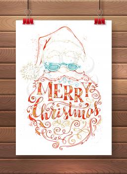 Poster template on wood background. Outlined Santa Claus face, hat with pompon, glasses and curly beard. Vector hand-drawn illustration.