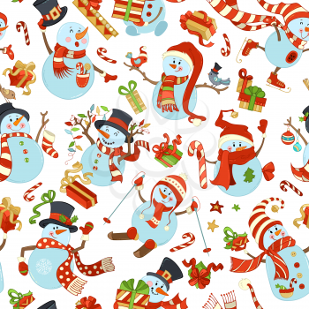 Vector cartoon snowmen on white background. Snowman is skating. Snowman is skiing. Snowman is singing. Candy canes, gifts, Christmas baubles, birds and snowflakes.