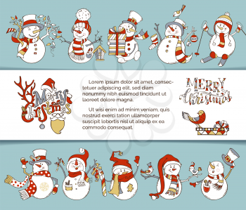 Cute snowmen with candy cane, gifts, baubles, Christmas sock, birds, ski, skate or garland. Hand-written lettering. There is copy space on white paper.