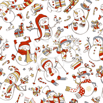 Vector cartoon snowmen on white background. Snowman is singing. Snowman is skating. Snowman is skiing. Candy canes, gift boxes, Christmas baubles, birds, stars.