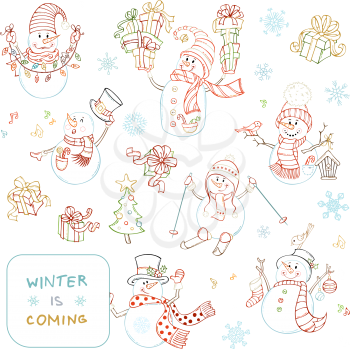 Snowmen with ski, candy, gifts, baubles, garland, bird and birdhouse. Christmas tree, music notes, snowflakes and music notes. Colourful linear illustrations.