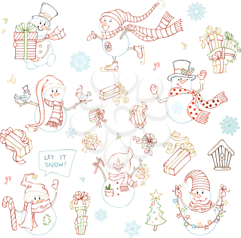 Snowmen with skate, candy cane, gifts, garland, and birds. Christmas tree, music notes, birdhouse, snowflakes and music notes. Colourful outlined illustrations.