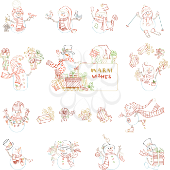Snowman with blank tablet on a heap of gifts. Candy, skate, ski, Christmas gifts, garland, baubles, birds, birdhouse, candy cane. Hand-drawn illustrations.