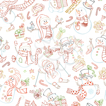 Vector outlined snowmen on white background. Snowmen are singing, skating, skiing. Candy canes, gift boxes, Christmas baubles, birds, garland, stars.