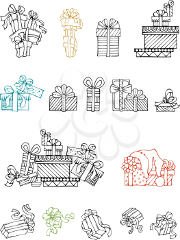 One, two and more presents. A heap of gift boxes. Hand-drawn outlined icons isolated on white background.