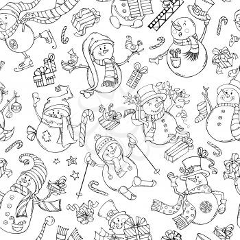 Black outlined snowmen on white background. Snowmen are singing, skating, skiing. Candy canes, gift boxes, Christmas baubles, birds, garland, stars.