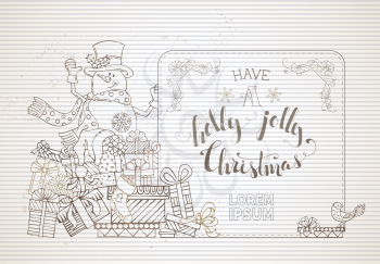 Cute snowman on a heap of various gifts. There is copy space for your text. Old striped paper background.