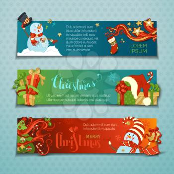 Cartoon snowmen and gift boxes, Christmas tree with baubles, candy canes, snowflakes and stars. Singing snowmen. Copy space for your text.