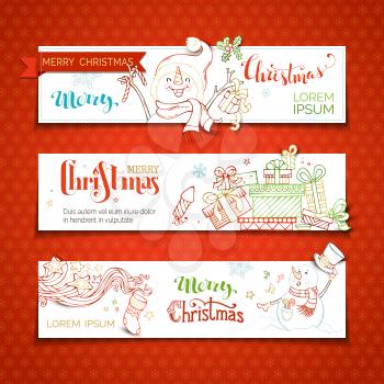 Cartoon snowmen and gift boxes, firework, Christmas sock, swirls, snowflakes and stars. Snowman is singing. Copy space for your text.