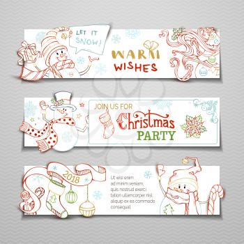 Cute snowmen, Christmas baubles and sock, candy canes, ribbon, gift, snowflakes and stars. There is copy space for your text.