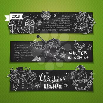 Cute snowmen, skates, Christmas lights, gifts and bird, Santa hat, snowflakes and stars. Copy space for your text.