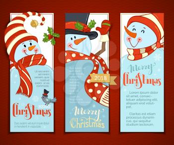 Cartoon smiling snowmen with hats and scarves. Holly berries and bird. Christmas backgrounds. There is copy space for your text.