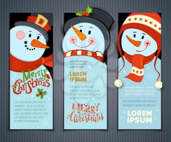Cartoon smiling snowmen with hats and scarves. Holly berries, snowflakes and stars. Christmas backgrounds. There is copy space for your text.