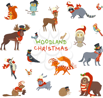 Vector set of forest animals dressed in Santa hat and scarf. Cute animals on white background. Moose, bear, fox, wolf, deer, owl, hare, squirrel, raccoon, hedgehog and birds.