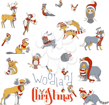 Vector set of forest animals dressed in Santa hat and scarf. Moose, bear, fox, wolf, deer, owl, hare, squirrel, raccoon, hedgehog and birds. Red, gold and gray colours.