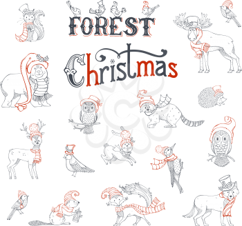 Vector set of woodland animals dressed in Santa hat and scarf. Contours of moose, bear, fox, wolf, deer, owl, hare, squirrel, raccoon, hedgehog and birds. Grey and red.