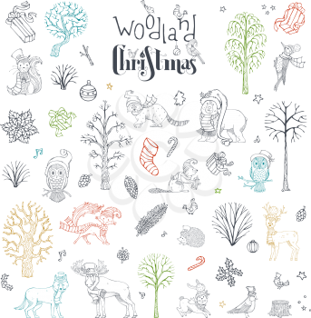 Hand-drawn winter trees. Forest animals in Santa hat and scarf. Moose, bear, fox, wolf, deer, owl, hare, squirrel, raccoon, hedgehog, birds and Christmas baubles.