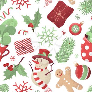 Flat gifts, snowman, gingerbread man, mistletoe, cup of cocoa, spruce branches, baubles, snowflakes. Hand-drawn grain texture. Red and green tileable illustration.