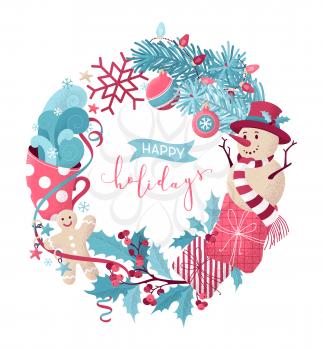 Snowman, gingerbread man, mistletoe, gifts, cup of hot cocoa, spruce branches with baubles. Happy holidays pink and blue flat background. Hand-drawn stipple texture.