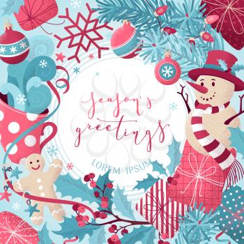 Hand-drawn noise texture. Snowman, gingerbread man, mistletoe, gifts, cup of hot cocoa, snowflakes, spruce branches with baubles. Season's greetings flat background.