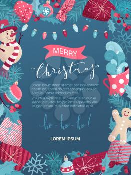 Hand-drawn grain texture. Snowman, gingerbread man, mistletoe, gifts, cup, spruce branches, baubles, bright lamps on dark blue background. Happy holidays flat card template.