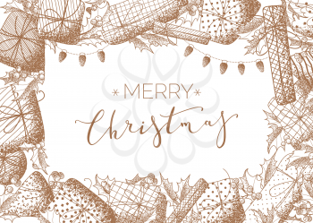 Sepia design template with hand-drawn stipple texture. Sketch mistletoe leaves and berries, gifts, garlands of lamps. There is copyspace for your text.
