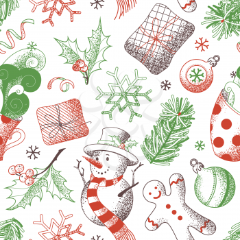 Sketch gifts, snowman, gingerbread man, mistletoe, cup of cocoa, spruce branches, baubles, snowflakes. Hand-drawn stipple texture. Red and green tileable illustration