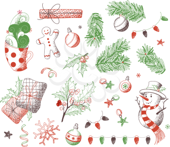 Hand-drawn noise texture. Sketch snowman, gingerbread man, mistletoe, gifts, cup of hot cocoa, spruce branches with baubles. Happy New Year set.