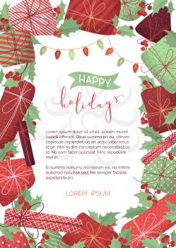 Merry Christmas design template with hand-drawn grain texture. Mistletoe leaves and berries, gifts, garlands of red and green lamps. There is copyspace for your text.