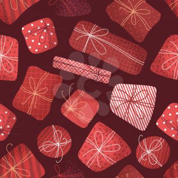 Various flat presents with grain texture on dark background. Hand-drawn boundless illustration.