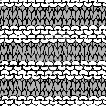 Doodles hand-knitted fabric material. High detailed knitting boundless background. Hand-drawn woolen knitwear. Black and white illustration.