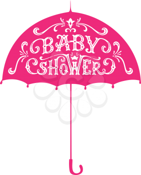 White text on pink umbrella. Swirls and flourishes. Hand-drawn duotone illustration.