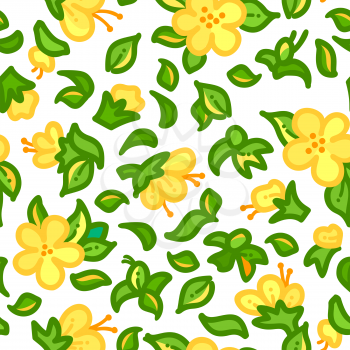 Tiny yellow flowers and green leaves on white background. Bright summer boundless background. Tileable design element.