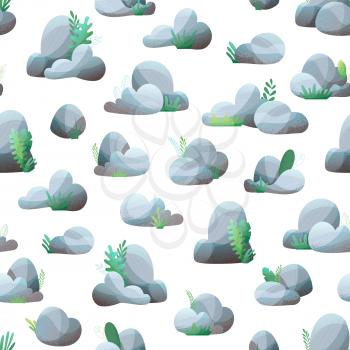 Grey rocks with grass and leaves on white. Flat boundless background with modern stipple texture, lights and shadows.
