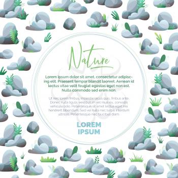 Grey rocks with grass and leaves on white background. Flat illustration with modern noise texture, lights and shadows. There is copy space for your text.
