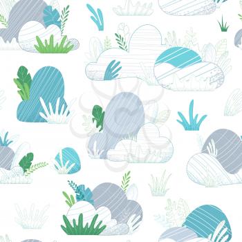 Big rocks with grass and leaves on white. Nature boundless background. Flat illustration with outlined elements.