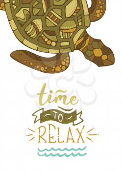 Turtle on white background. Unique calligraphic phrase written by brush. Wild life. Ready-to-use vector print for your design.