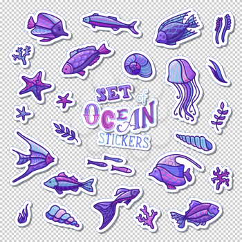 Various fish, sea plants, corals and algae, shells and starfish, jellyfish. Hand-drawn violet patch badges on transparent background.