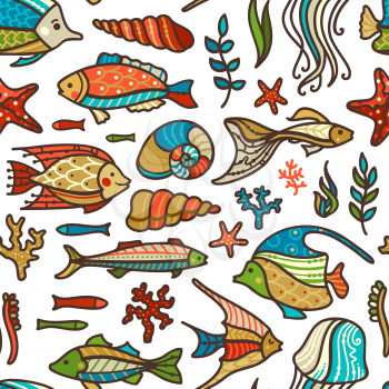 Colourful fish, sea plants and algae, shells and starfish on white background. Cartoon boundless background. Great for web page backgrounds or invitations.