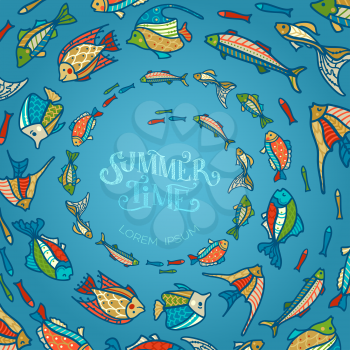 Various fish swim in a circle in dark blue water. There is copy space for your text.