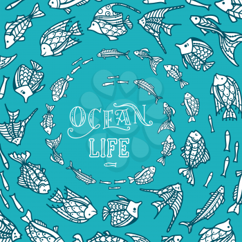 Various fish swim in a circle on blue background. There is copy space for your text.