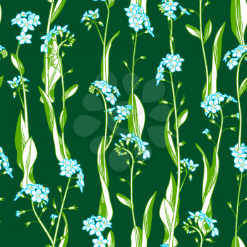 Forget-me-nots boundless background. Blue tiny flowers and leaves on dark green background. Tileable design element.