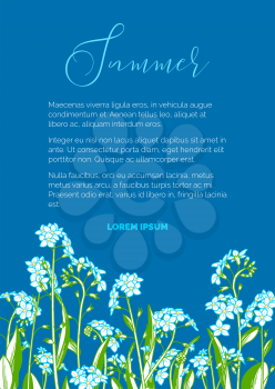 Forget-me-nots on blue background. There is copy space for your text in blue sky. A5 portrait format paper size with bleed 2 mm.