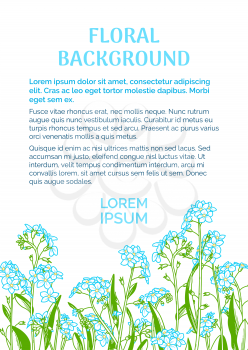 Blue linear forget-me-nots on white background. There is copy space for your text on the top. A5 portrait format paper size with bleed 2 mm.