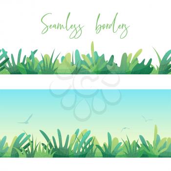 Various grass and leaves on white and sky backgrounds. Boundless summer design elements.