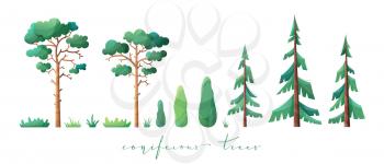 Pine, fir, cypress and grass isolated on white background. Flat illustration with modern noise texture, lights and shadows.