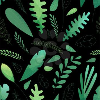 Green leaves and grass on black. Filled and linear. Flat illustration with modern noise texture, lights and shadows. Nature boundless background.